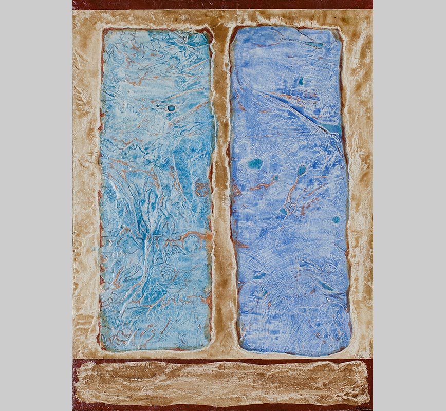 Abstract small format painting. Mainly blue and brown colors. Title: Spell of the Transparent Stone