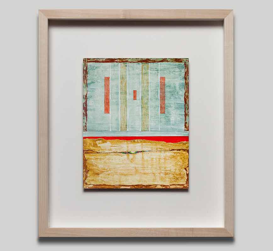 Framed View of Abstract small format painting. Mainly blue and brown colors. Title: The Monument and the Desert