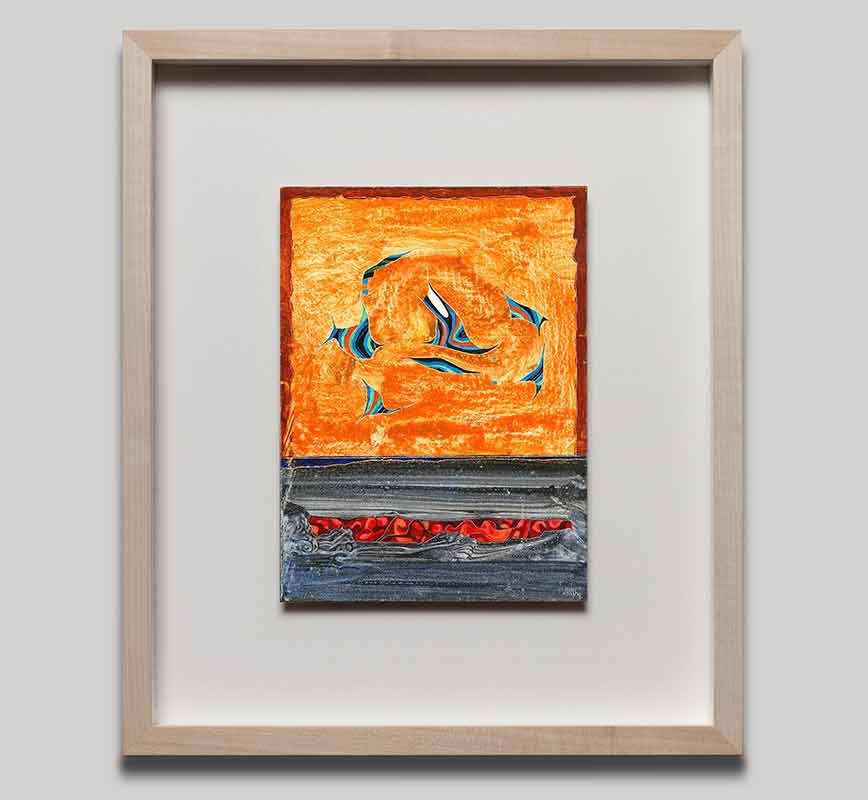 Framed View of Abstract small format painting with reference to biology. Mainly blue and brown colors. Title: The Monument and the Desert