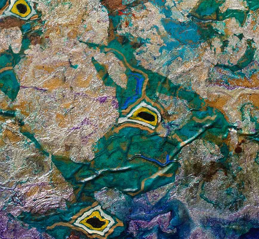 Detail of Abstract small format mixed media painting with reference to biology. Mainly purple and green colors. Title: Shining Silver in the Lake