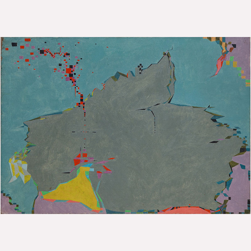 Abstract geometric Painting by Gian Berto Vanni. Mainly blue, grey, yellow, purple colors. Title: Spazio a frammenti