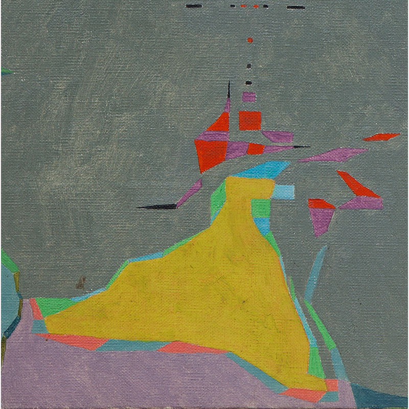 Detail of a Abstract geometric Painting by Gian Berto Vanni. Mainly blue, grey, yellow, purple colors. Title: Spazio a frammenti