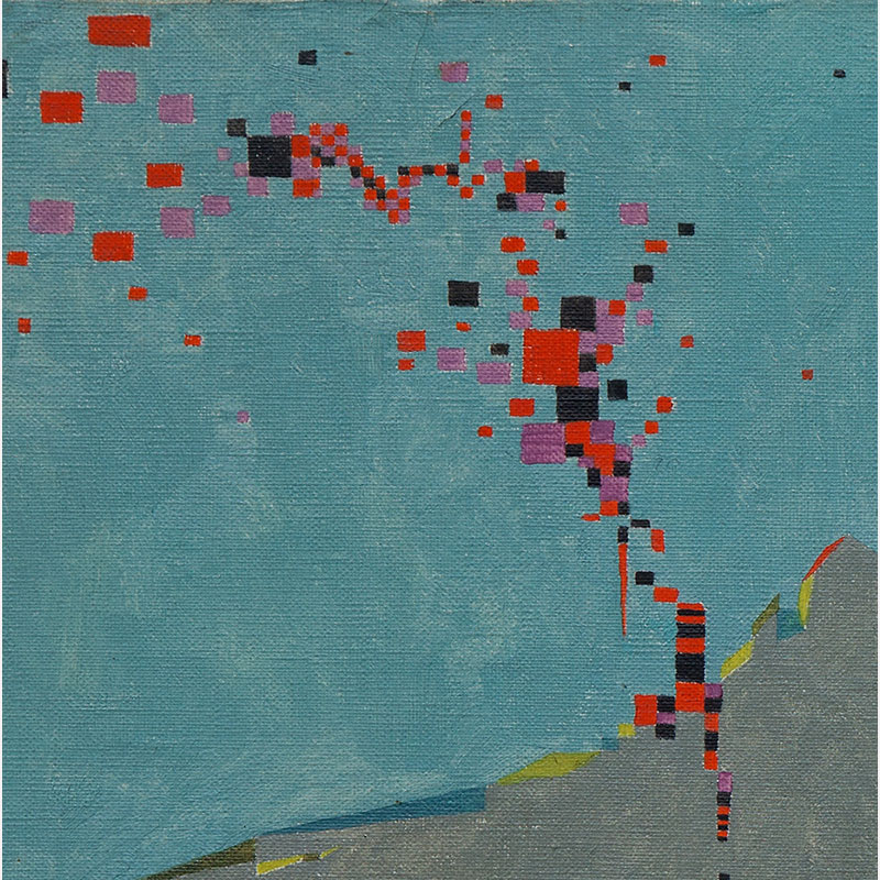 Detail of a Abstract geometric Painting by Gian Berto Vanni. Mainly blue, grey, yellow, purple colors. Title: Spazio a frammenti