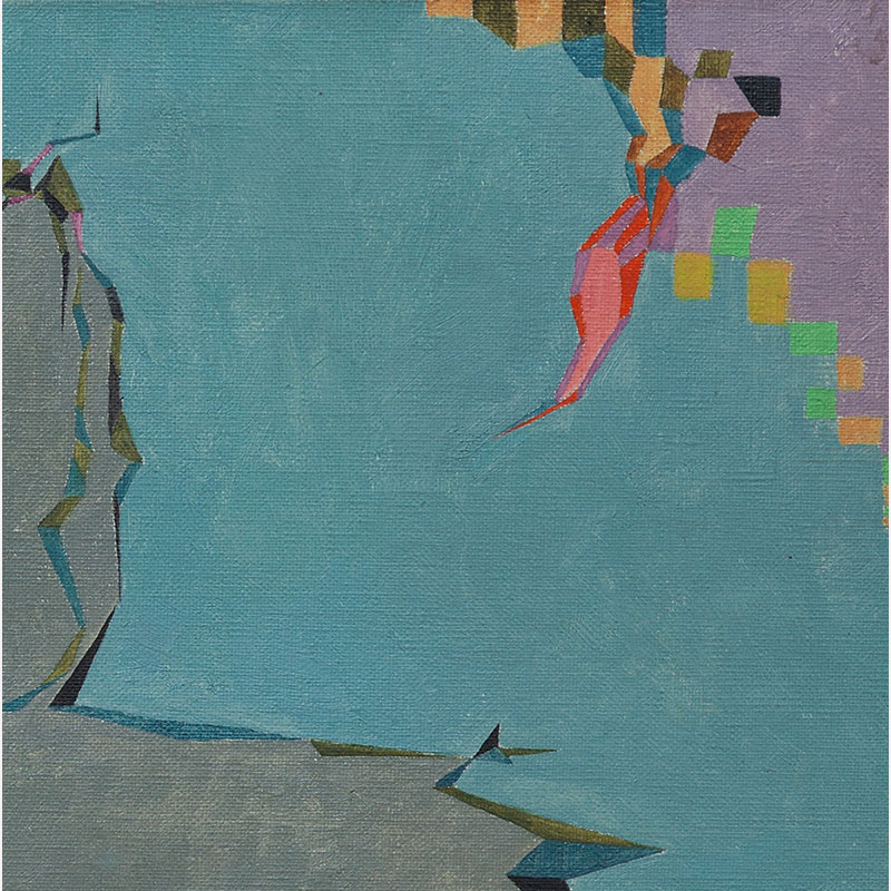 Detail of a Abstract geometric Painting by Gian Berto Vanni. Mainly blue, grey, yellow, purple colors. Title: Spazio a frammenti