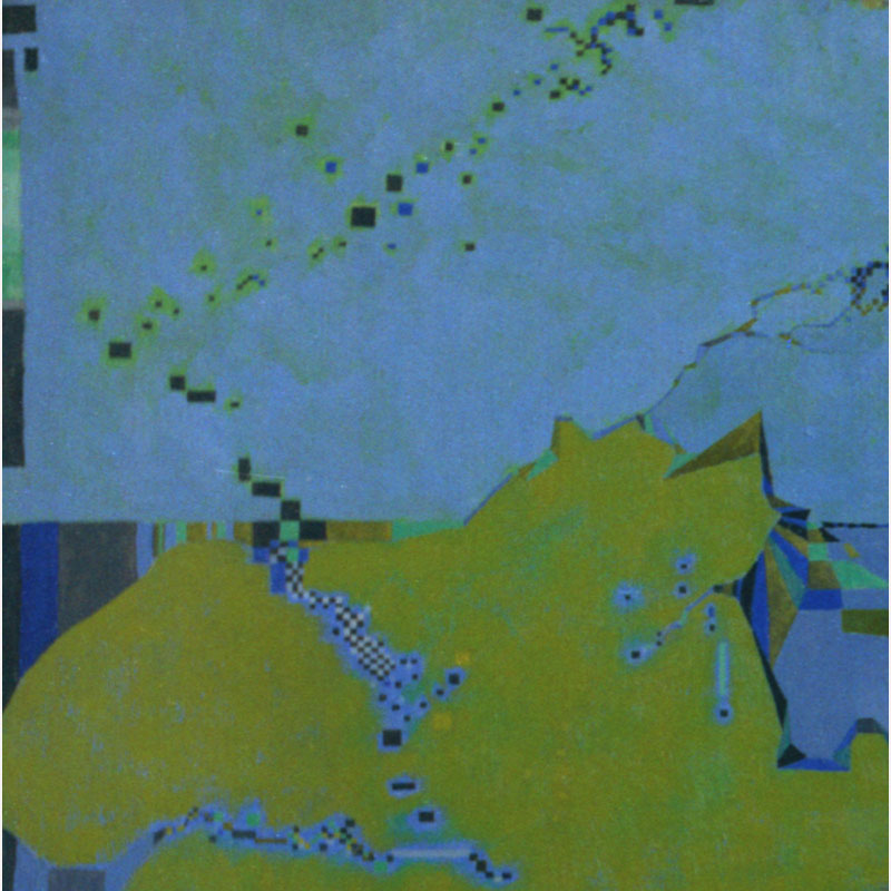 Detail of a Abstract geometric Painting by Gian Berto Vanni. Mainly blue, green colors. Title: Coste