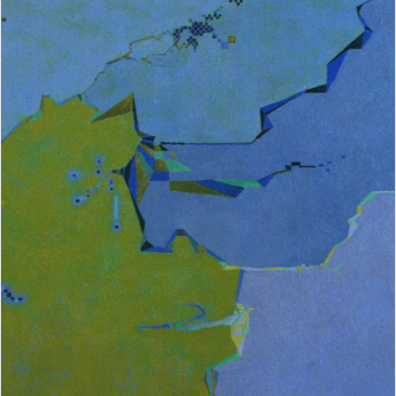 Detail of a Abstract geometric Painting by Gian Berto Vanni. Mainly blue, green colors. Title: Coste