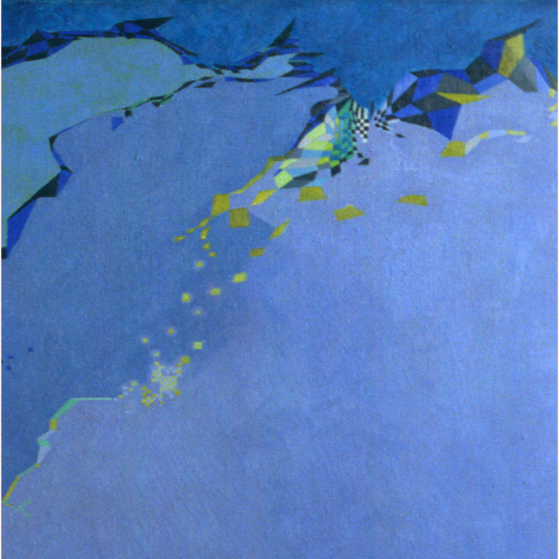 Detail of a Abstract geometric Painting by Gian Berto Vanni. Mainly blue, green colors. Title: Coste
