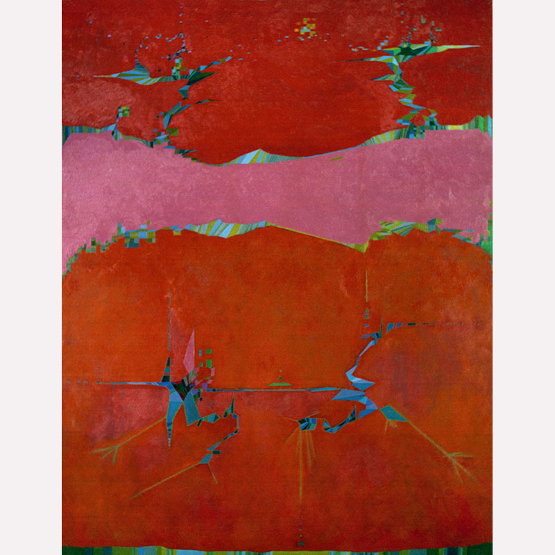 Abstract geometric Painting by Gian Berto Vanni. Mainly red, purple colors. Title: Strappo