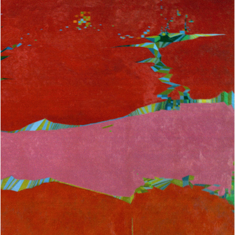 Detail of a Abstract geometric Painting by Gian Berto Vanni. Mainly red, purple colors. Title: Strappo