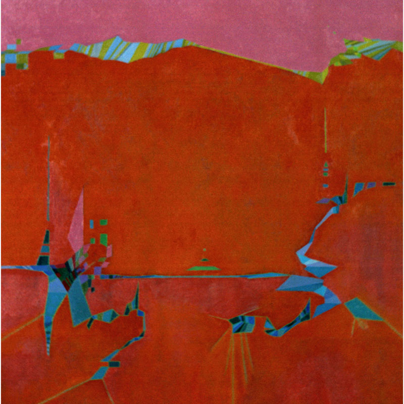 Detail of a Abstract geometric Painting by Gian Berto Vanni. Mainly red, purple colors. Title: Strappo