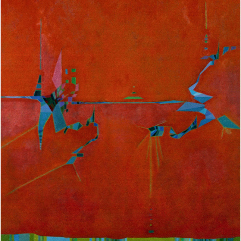 Detail of a Abstract geometric Painting by Gian Berto Vanni. Mainly red, purple colors. Title: Strappo