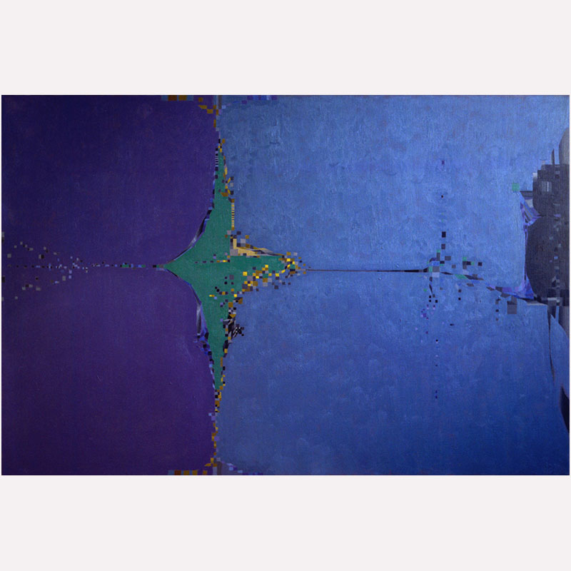 Abstract geometric Painting by Gian Berto Vanni. Mainly blue, green colors. Title: Apertura sulla notte