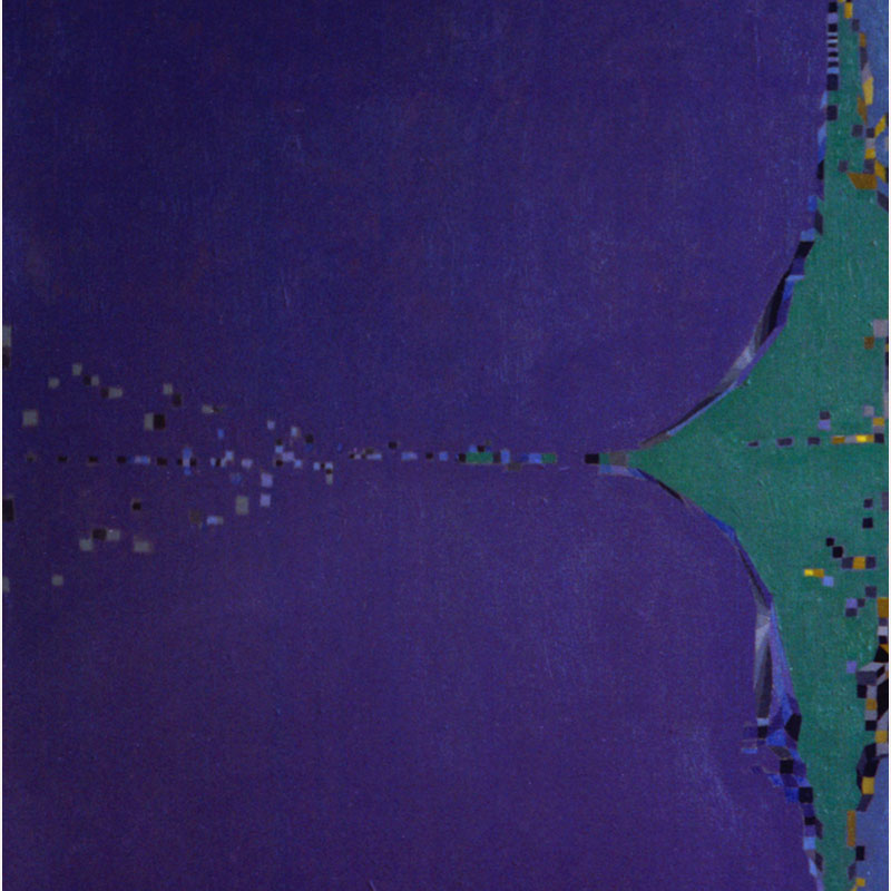 Detail of a Abstract geometric Painting by Gian Berto Vanni. Mainly blue, green colors. Title: Apertura sulla notte