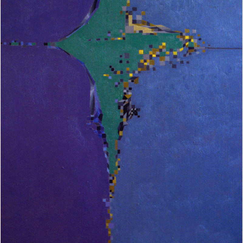 Detail of a Abstract geometric Painting by Gian Berto Vanni. Mainly blue, green colors. Title: Apertura sulla notte