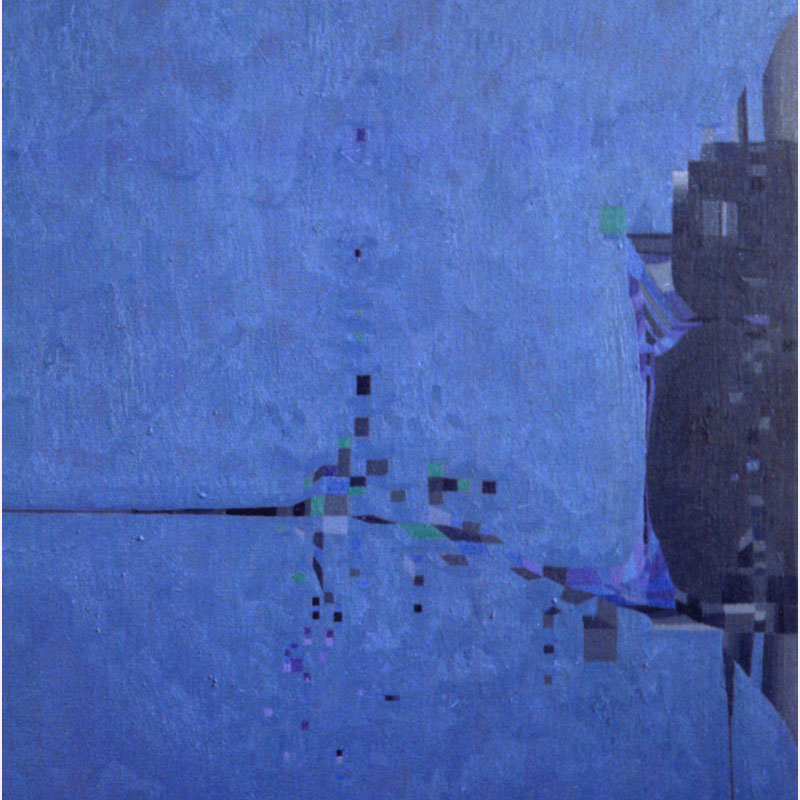 Detail of a Abstract geometric Painting by Gian Berto Vanni. Mainly blue, green colors. Title: Apertura sulla notte