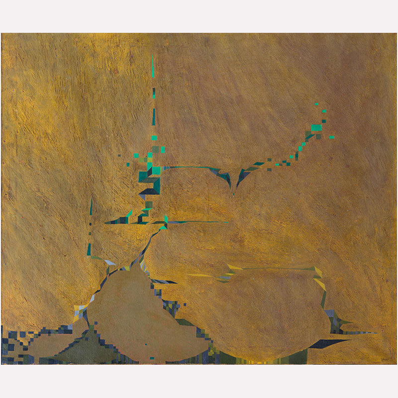 Abstract geometric Painting by Gian Berto Vanni. Mainly yellow colors. Title: New Haven, frammento