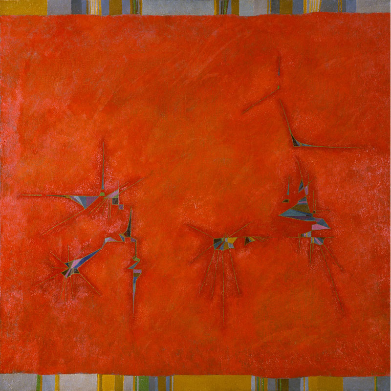 Abstract geometric Painting by Gian Berto Vanni. Mainly red, orange colors. Title: Torneo