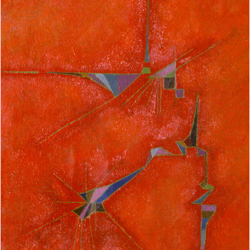 Detail of a Abstract geometric Painting by Gian Berto Vanni. Mainly red, orange colors. Title: Torneo