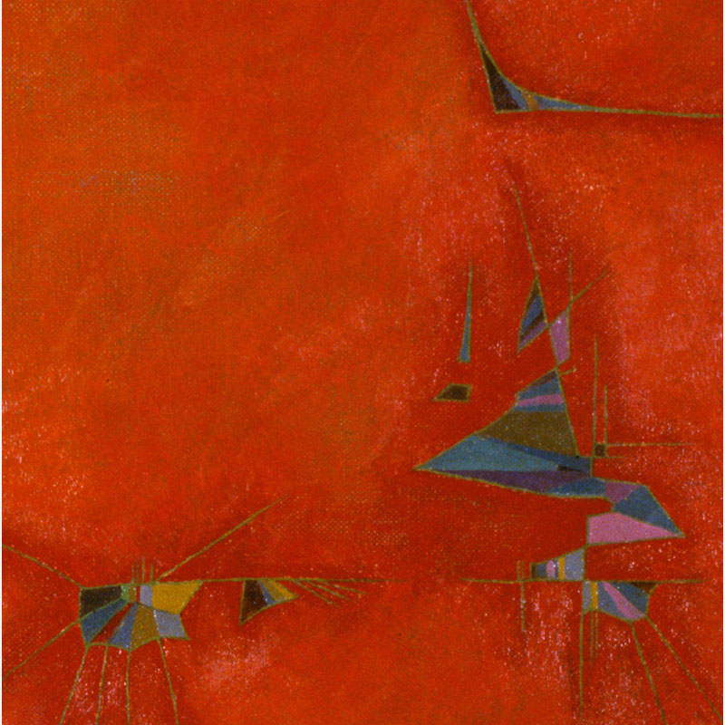 Detail of a Abstract geometric Painting by Gian Berto Vanni. Mainly red, orange colors. Title: Torneo