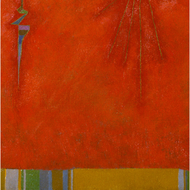 Detail of a Abstract geometric Painting by Gian Berto Vanni. Mainly red, orange colors. Title: Torneo