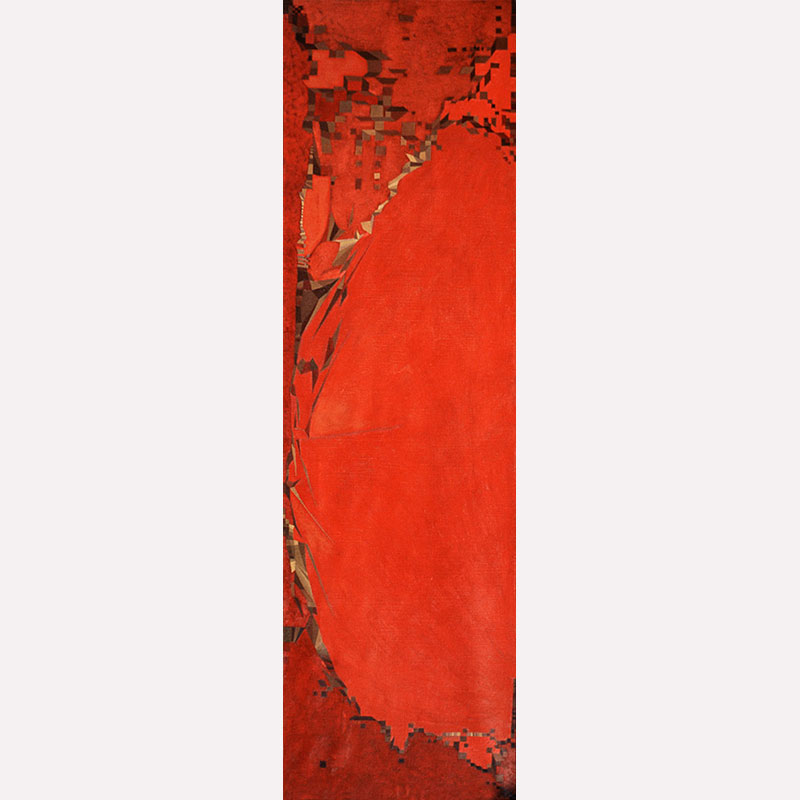 Abstract geometric Painting by Gian Berto Vanni. Mainly red colors. Title: Onda in rosso