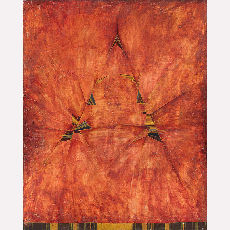 Abstract geometric Painting by Gian Berto Vanni. Mainly red, orange colors. Title: Ascensione controllata