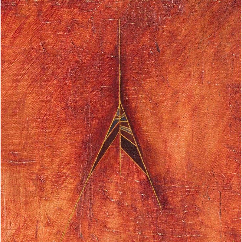 Detail of a Abstract geometric Painting by Gian Berto Vanni. Mainly red, orange colors. Title: Ascensione controllata