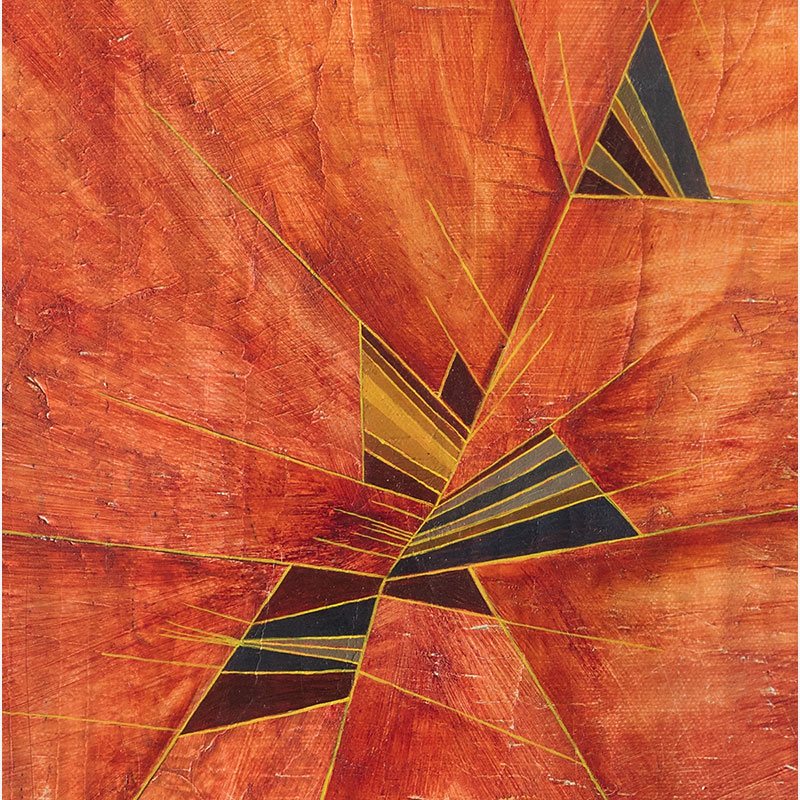 Detail of a Abstract geometric Painting by Gian Berto Vanni. Mainly red, orange colors. Title: Ascensione controllata