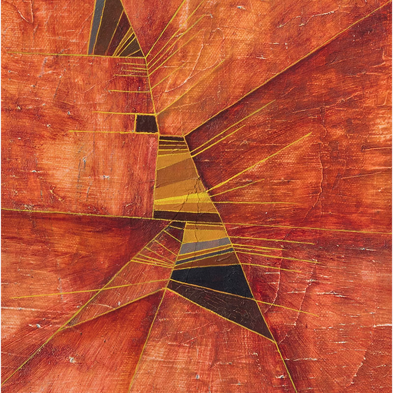 Detail of a Abstract geometric Painting by Gian Berto Vanni. Mainly red, orange colors. Title: Ascensione controllata