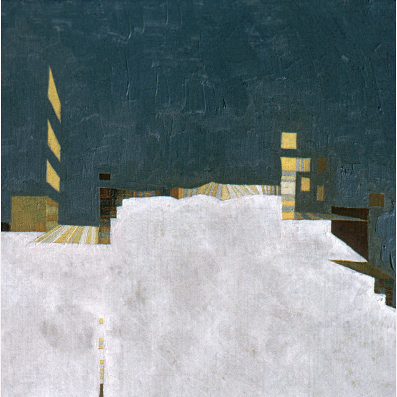 Detail of a Abstract geometric Painting by Gian Berto Vanni. Mainly blue, grey colors. Title: Unbalanced Balance