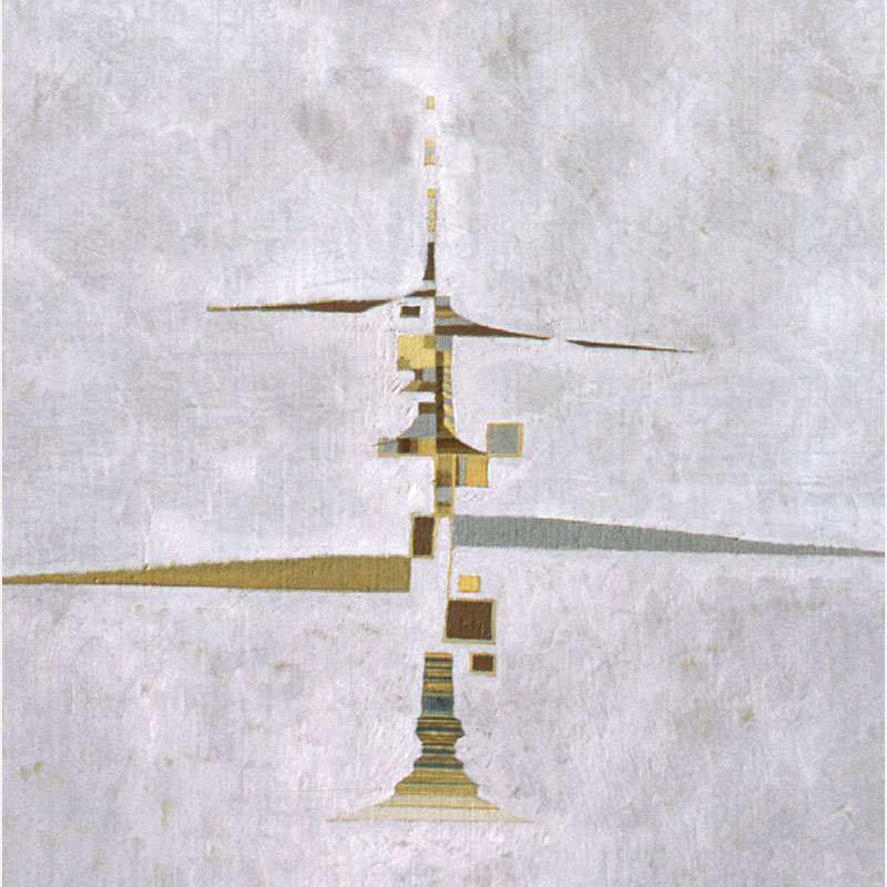 Detail of a Abstract geometric Painting by Gian Berto Vanni. Mainly blue, grey colors. Title: Unbalanced Balance