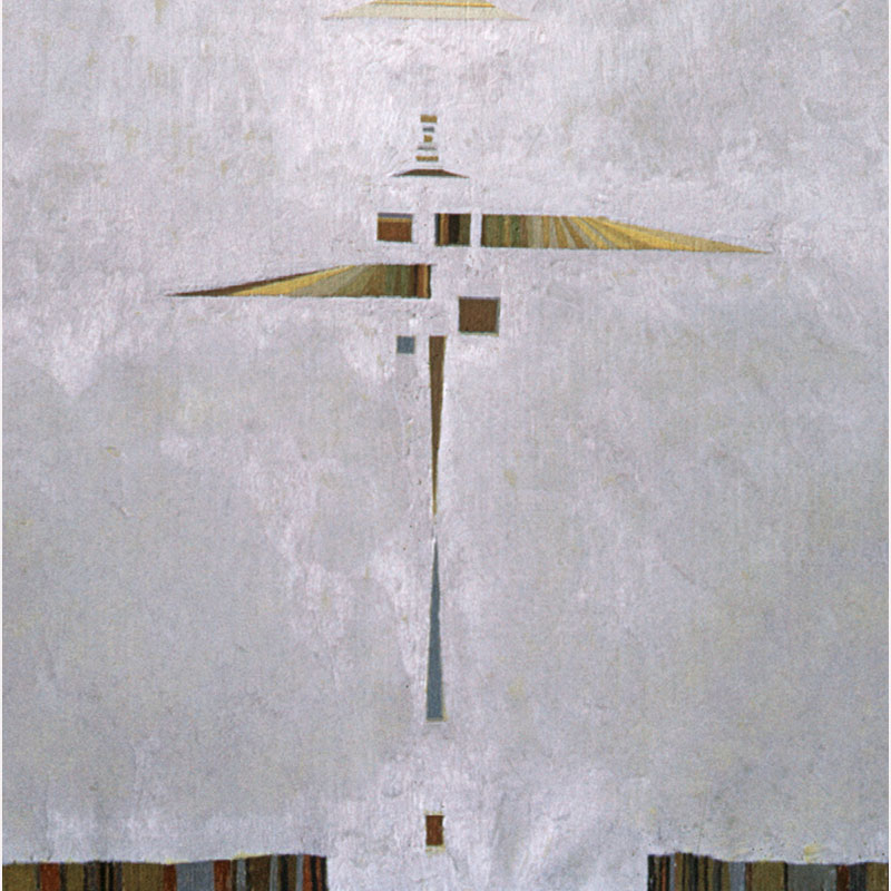 Detail of a Abstract geometric Painting by Gian Berto Vanni. Mainly blue, grey colors. Title: Unbalanced Balance