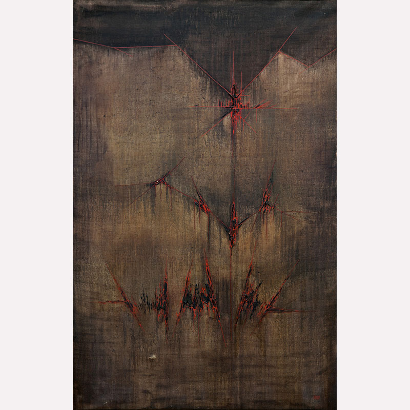 Abstract geometric Painting by Gian Berto Vanni. Mainly brown, red colors. Title: Evocazione