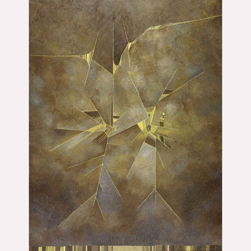 Abstract geometric Painting by Gian Berto Vanni. Mainly yellow, brown colors. Title: Tempesta d’ estate. Link to painting's page with detailed images.