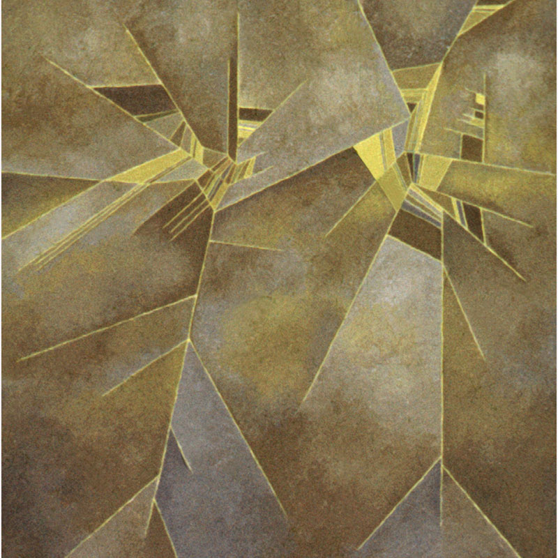 Detail of a Abstract geometric Painting by Gian Berto Vanni. Mainly yellow, brown colors. Title: Tempesta d’ estate. Link to painting's page with detailed images.