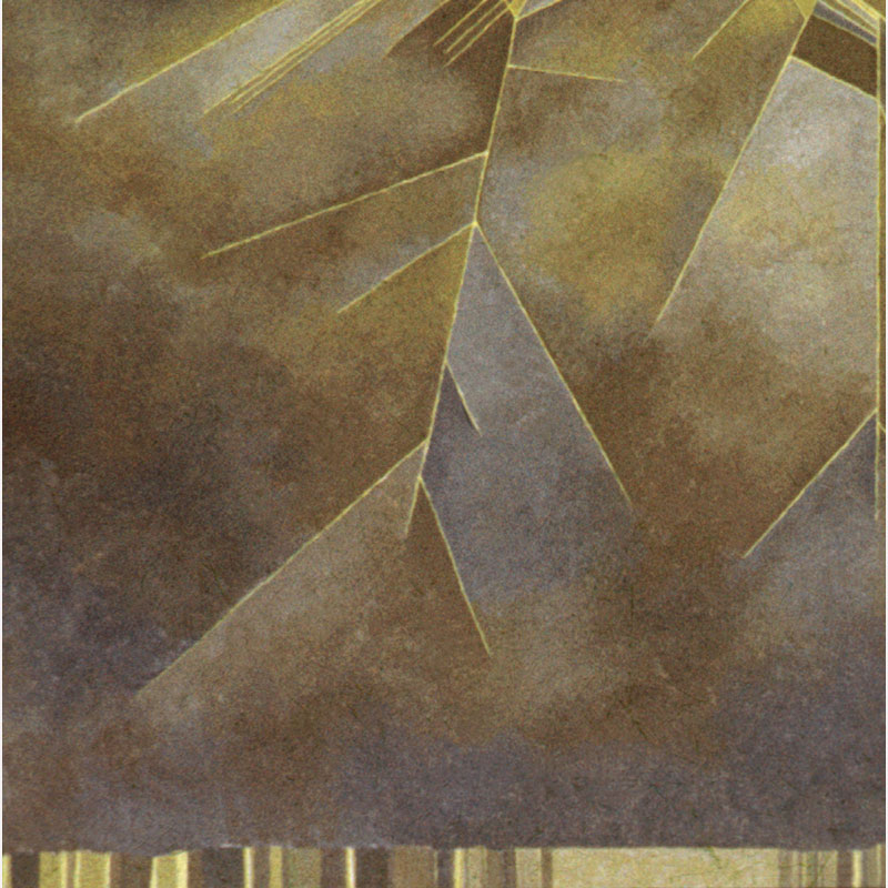 Detail of a Abstract geometric Painting by Gian Berto Vanni. Mainly yellow, brown colors. Title: Tempesta d’ estate. Link to painting's page with detailed images.