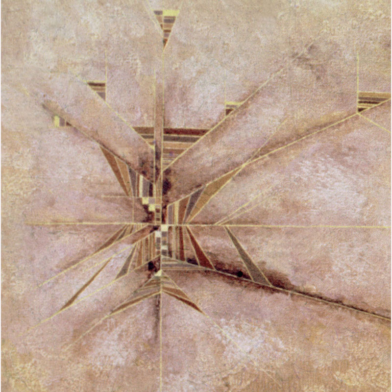 Detail of a Abstract geometric Painting by Gian Berto Vanni. Mainly brown colors. Title: Alba mitologica
