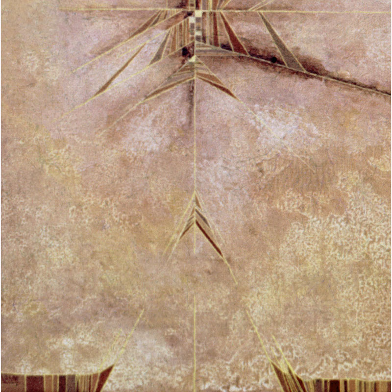 Detail of a Abstract geometric Painting by Gian Berto Vanni. Mainly brown colors. Title: Alba mitologica