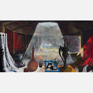 Figurative surrealist Painting by Gregory Kitterle. Mainly brown, red, white colors. Title: My Cat Gets into Everything. Link to painting's page with detailed images.