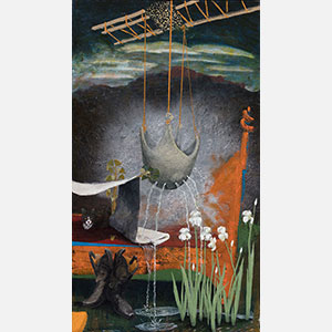 Figurative surrealist Painting by Gregory Kitterle. Mainly red, orange, green, silver, brown colors. Title: Tired Irises. Link to painting's page with detailed images.