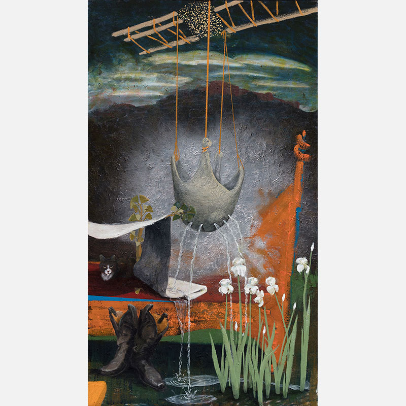 Figurative surrealist painting by Gregory Kitterle. Mainly red, orange, green, silver, brown colors. Title: Tired Irises