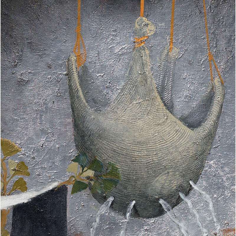 Detail of a Figurative surrealist painting by Gregory Kitterle. Mainly red, orange, green, silver, brown colors. Title: Tired Irises