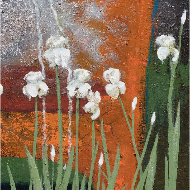 Detail of a Figurative surrealist painting by Gregory Kitterle. Mainly red, orange, green, silver, brown colors. Title: Tired Irises