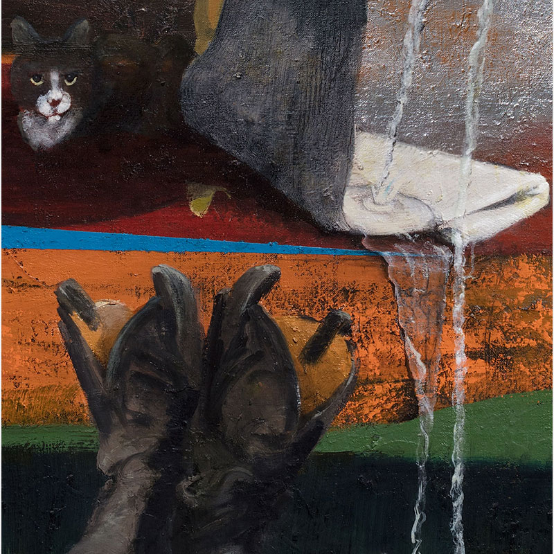 Detail of a Figurative surrealist painting by Gregory Kitterle. Mainly red, orange, green, silver, brown colors. Title: Tired Irises