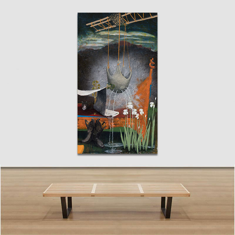 View in a room of a figurative surrealist painting by Gregory Kitterle. Mainly red, orange, green, silver, brown colors. Title: Tired Irises