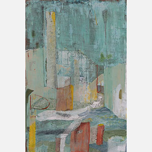 Figurative surrealist Painting by Gregory Kitterle. Mainly blue, green, gold colors. Title: Patina Experiment #9. Link to painting's page with detailed images.