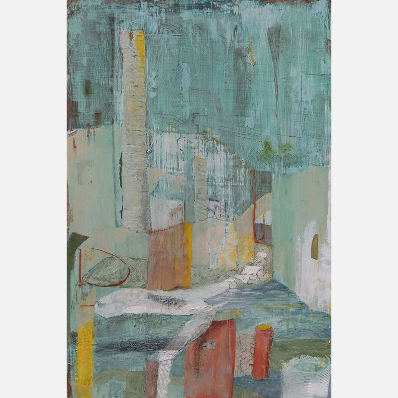 Figurative surrealist painting by Gregory Kitterle. Mainly blue, green, gold colors. Title: Patina Experiment #9