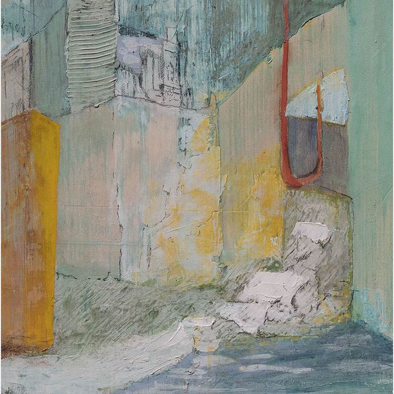 Detail of a Figurative surrealist painting by Gregory Kitterle. Mainly blue, green, gold colors. Title: Patina Experiment #9