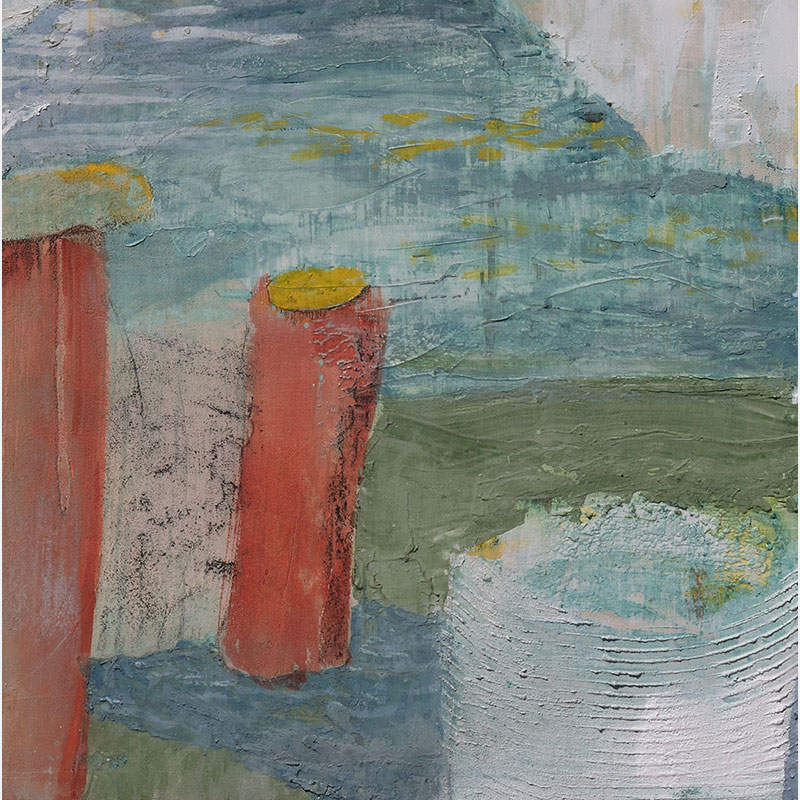 Detail of a Figurative surrealist painting by Gregory Kitterle. Mainly blue, green, gold colors. Title: Patina Experiment #9