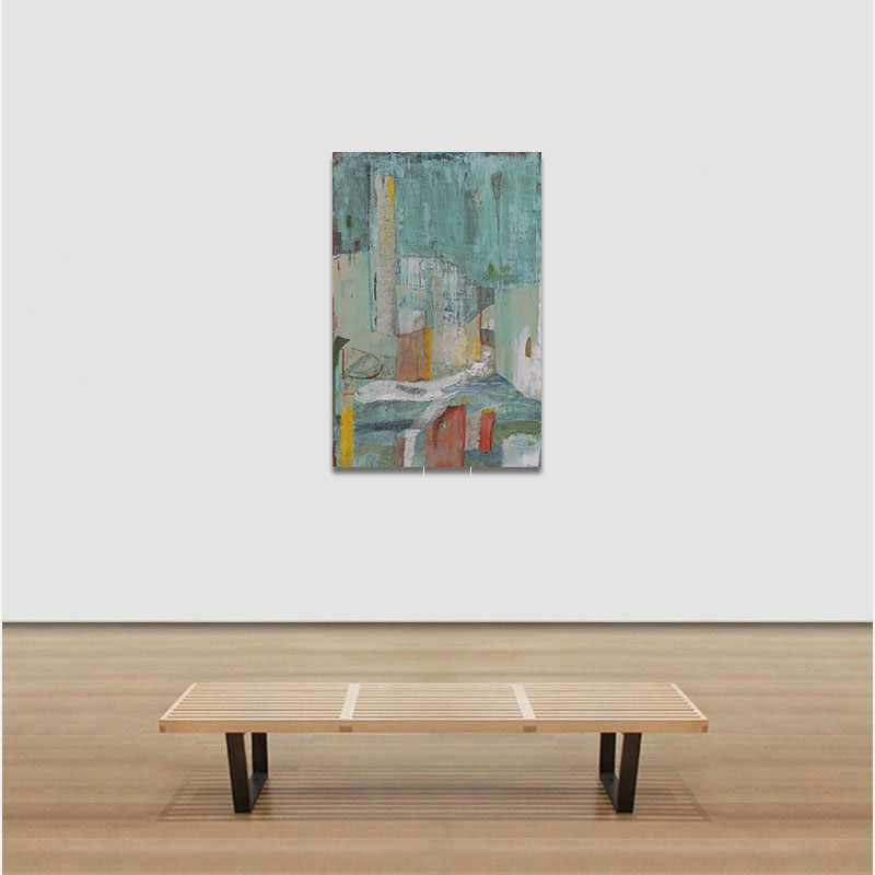 View in a room of a figurative surrealist painting by Gregory Kitterle. Mainly blue, green, gold colors. Title: Patina Experiment #9